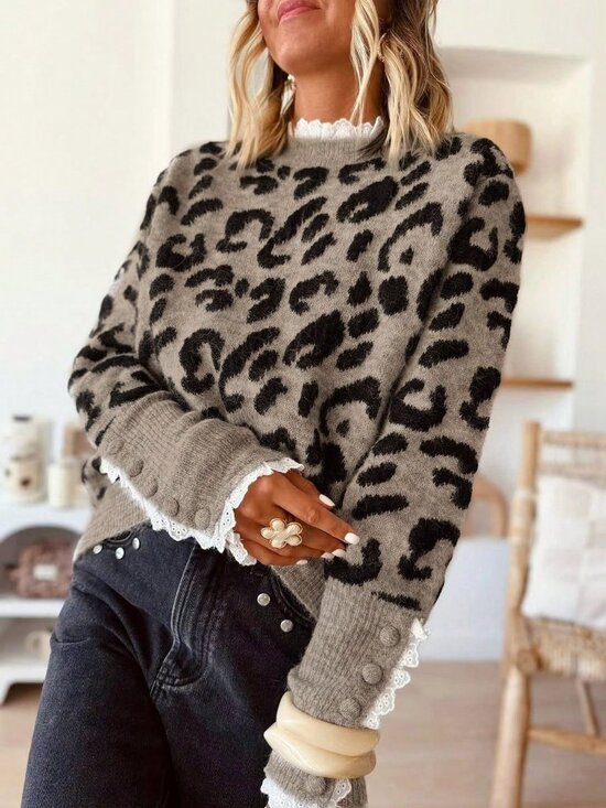 Sweaters - Multicolor Casual Women's Round Neck Lace detailed Leopard Print Knit Sweater